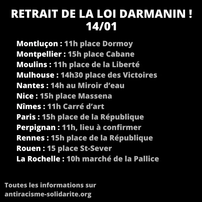 Suite de la liste :
Tours : 14h30 place de la Liberté
Valence : 14h place de la Gare
Vichy : 11h place de la Poste