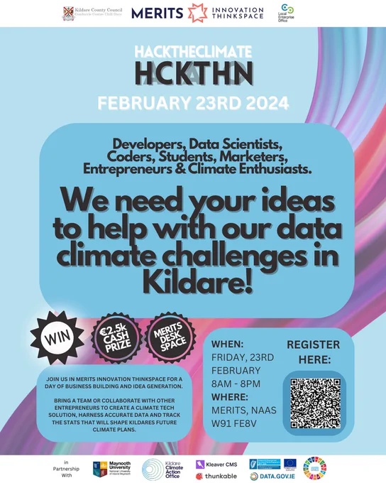 MERITS is delighted to announce our HACKTHECLIMATE Hackathon in partnership with @KildareCoCo's Climate Action team. This full day event will take place on Feb 23rd 2024 & is open to entrepreneurs, coders, developers, data scientists & students
Book here: https://bit.ly/47GbzCw