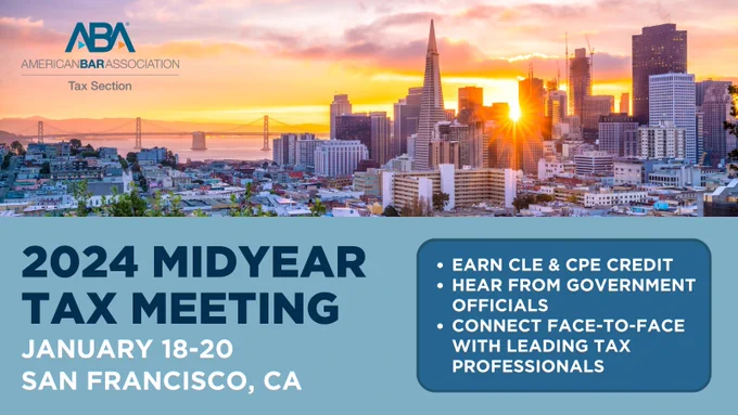sunset skyline of San Francisco, grey-blue text for the 2024 Midyear Tax Meeting
