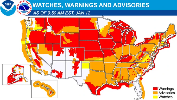 Map of the US depicting active watches, warnings, and advisories. 