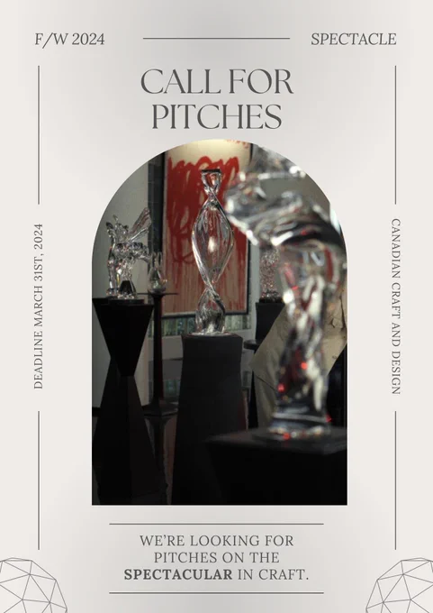 A poster with a central still of the glass sculptures from the film Glass Onion, with the Call for Pitches deadline of March 31, 2024, and the tagline "We're looking for pitches on the spectacular in craft."