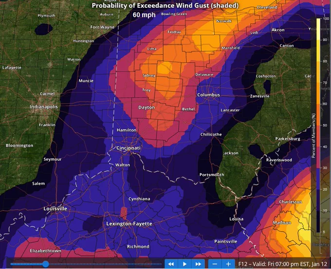 Graphic shows the probability of wind gusts of at least 60 MPH this evening, per the latest model data. 