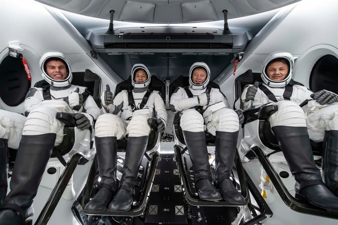 Axiom 3 Mission crew training inside a SpaceX Dragon vehicle in Hawthorne, California.