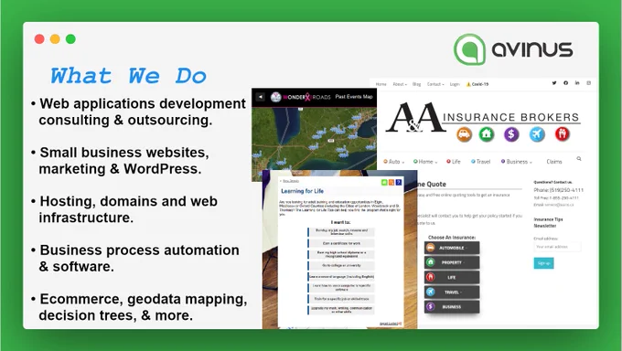 What we do:

-Web applications development
  consulting & outsourcing.
- Small business websites,
  marketing & WordPress.
- Hosting, domains and web
  infrastructure.
- Business process automation
  & software.
- Ecommerce, geodata mapping, 
  decision trees, & more.