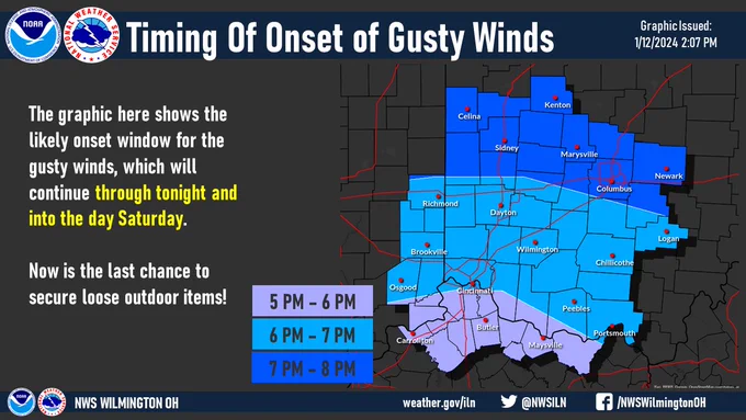 Graphic shows onset times of wind gusts progressively from southwest to northeast this evening. 