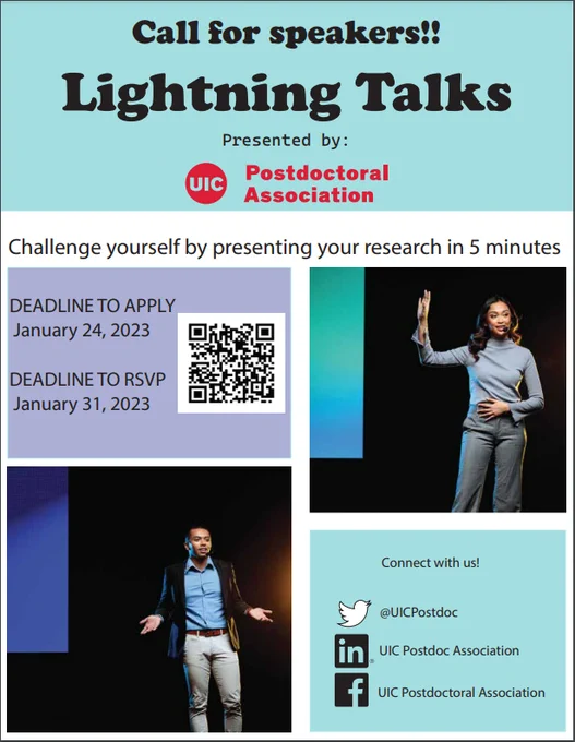 Flyer for upcoming UIC postdoc association Lightning Talk Event, with QR code for RSVP and applying to be a speaker.