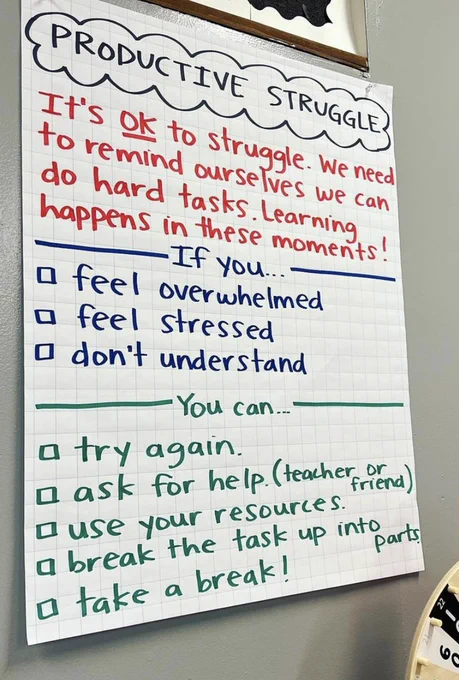 Anchor chart titled "Productive Struggle." Below, it says "It's OK to struggle. We need to remind ourselves we can do hard tasks. Learning happens in these moments!" The chart provides options beneath these statements: "If you... You can..."