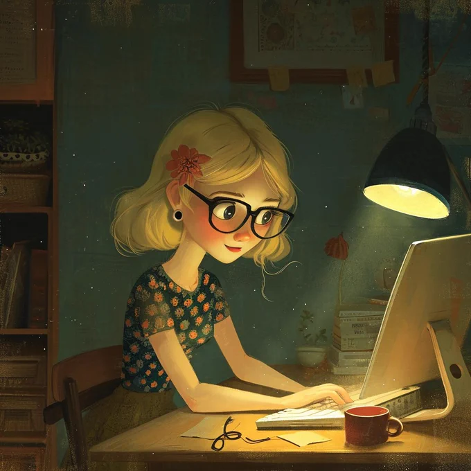 a happy blonde woman with glasses working on her computer, in the style of quirky cartoonish characters, in the style of jon klassen, tom bagshaw, realistic yet stylized, romantic chiaroscuro, lowbrow, dappled, 1960s --v 6.0