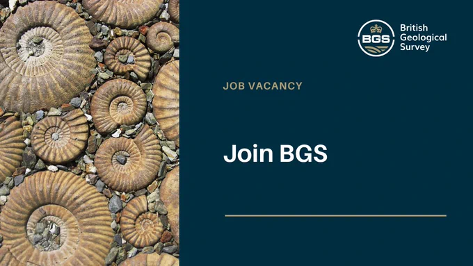 A 'Join BGS' job card, with an image of many ammonites to the left, and the BGS logo on a blue background with the words 'join BGS' on the right. 