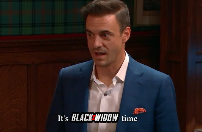 Dan Gheesling in The Traitors US (s2) saying "It's Black Widow time" to Parvati. The words "Black Widow" in the captions have been replaced with the logo for the Black Widow movie.