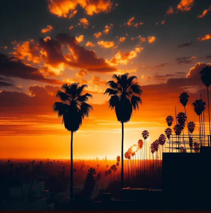 The prompt for this image could be: "A photorealistic digital image capturing a breathtaking sunset scene with a sky painted in vibrant shades of orange and red. In the foreground, silhouette figures of tall palm trees are evenly spaced, providing a stark contrast to the bright sky. The horizon is adorned with a series of smaller palm trees, and the outline of an urban landscape is visible in the lower part of the image. The clouds are infused with the sunset's warm glow, completing the serene and picturesque evening atmosphere.