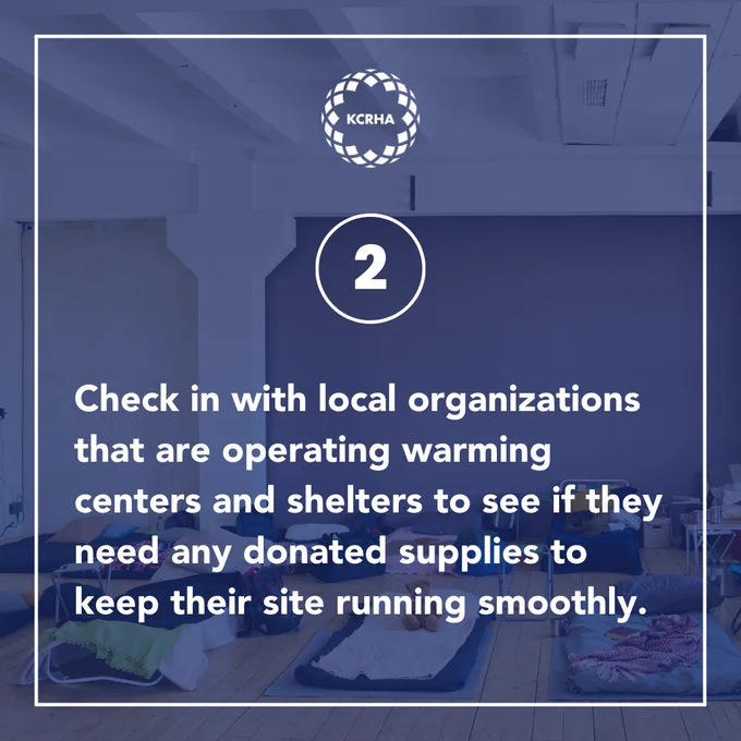 Background: Bed mats on the floor in a shelter space. Blue overlay. Text: 2. Check in with local organizations that are operating warming centers and shelters to see if they need any donated supplies to keep their site running smoothly. 