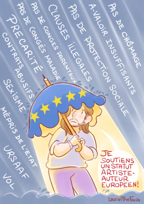illustration ou l'on me vois sous un parapluie aux couleurs de l'union européenne (bleu avec des étoiles jaunes) qui me protège de la pluie de mes mauvaises conditions de travail.