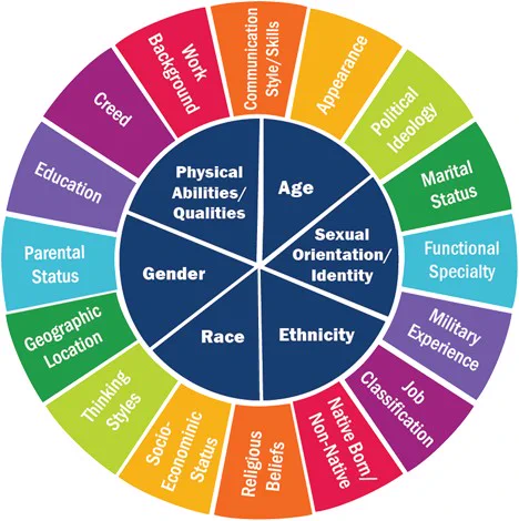Colorful diversity wheel with over 20 different labels.
