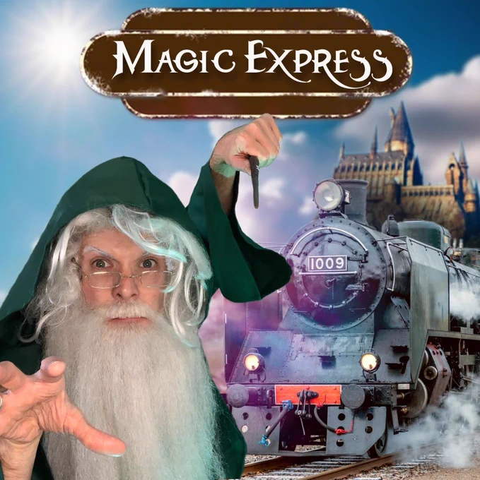 Gherkin the sorcerer stares out a spell while standing before the powerful Finnish locomotive No. 1009.   (Clearly a well-travelled spellster)