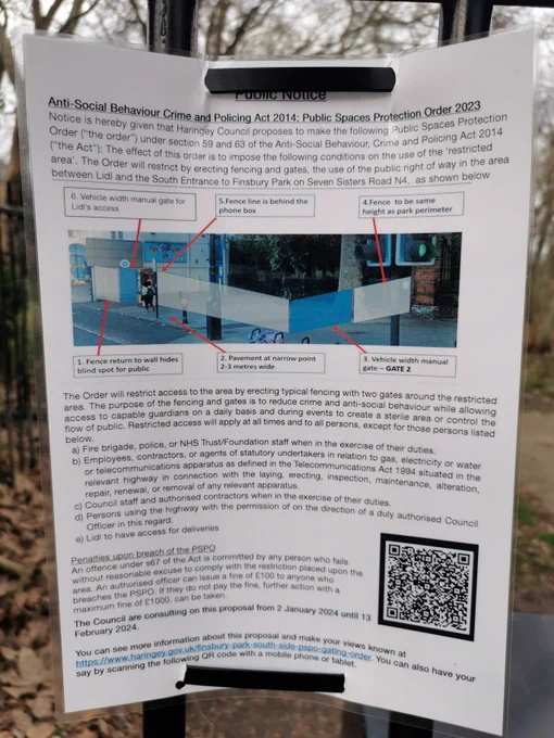 Flyer describing proposals by Haringey council to erect a fence on the public pavement  next to Finsbury Park' South gate. The fence is thought to discourage anti-social activities by some by closing off access to the general public.