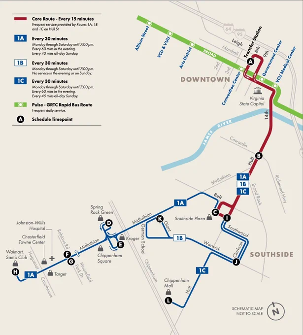 Route 1A/B/C map effective January 14, 2024