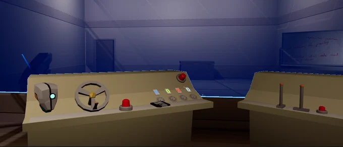 A screenshot of our VR game, Emotional Damage. It shows two consoles in a lab with a variety of controls, and an android head sitting on one of them.