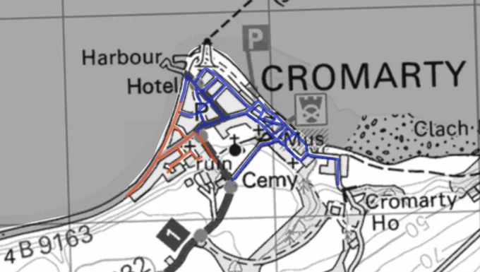A map of Cromarty with pre-exisiting 20mph limits shown in Blue and new 20mph limits shown in Red.