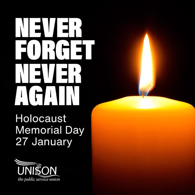 Photo of lit candle of remembrance on the right. Text on the left "Never Forget, Never Again" Holocaust memorial day 27 Jan