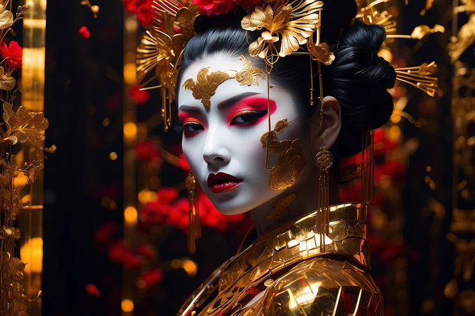 gold fractal patterns and scarlet neon lights converge, illuminating a geisha within a vibrant hologram, each nuance brought to life with bold spray paint strokes, a visual symphony of technology and art, reality and illusion