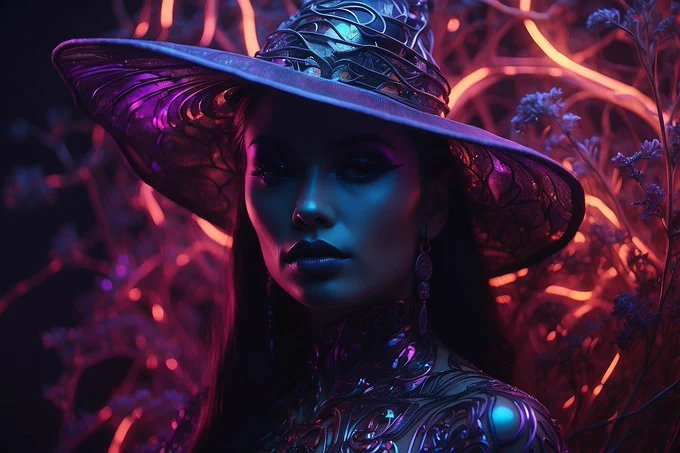 charcoal fractal patterns and lavender neon lights converge, illuminating a witch within a vibrant hologram, each nuance brought to life with bold spray paint strokes, a visual symphony of technology and art, reality and illusion