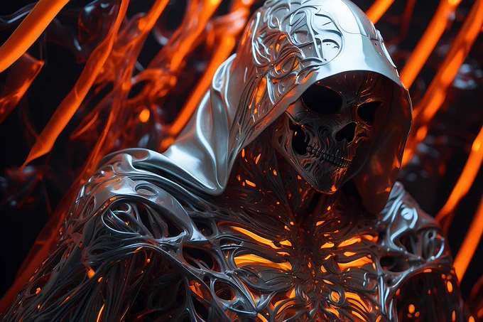 silver fractal patterns and orange neon lights converge, illuminating a reaper within a vibrant hologram, each nuance brought to life with bold spray paint strokes, a visual symphony of technology and art, reality and illusion