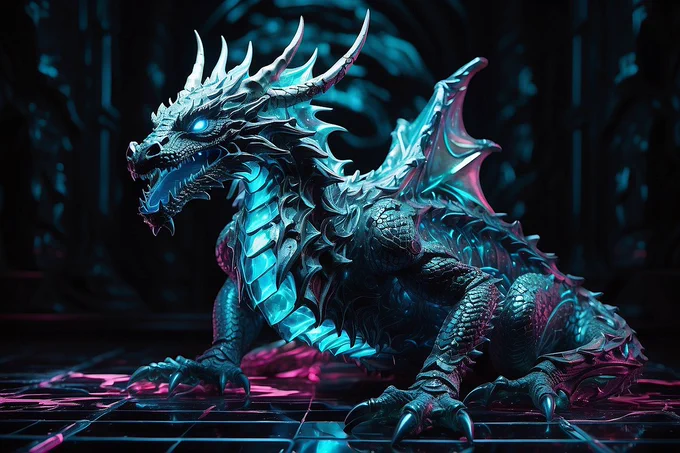 obsidian fractal patterns and teal neon lights converge, illuminating a dragon within a vibrant hologram, each nuance brought to life with bold spray paint strokes, a visual symphony of technology and art, reality and illusion