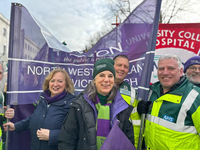 GS Christina McAnea and AGS Sara Gorton with UNISON banners and ambulance workers