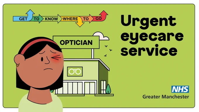 Graphic contains image of person closing one eye in pain. Text reads Urgent eyecare service. 