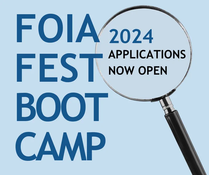 Light blue background with dark blue text. Text reads: FOIA Fest Boot Camp 2024 Applications Now Open.