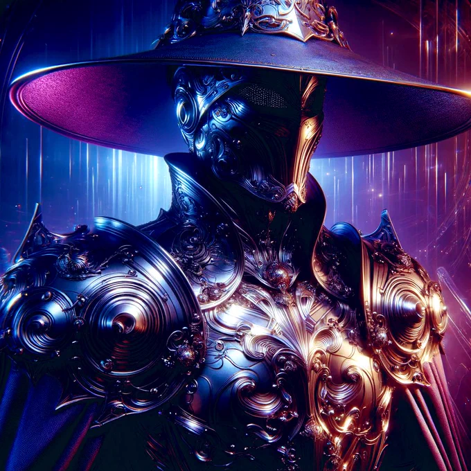 A futuristic knight, whose wide-brimmed hat floats like a halo, stands armored in metallic elegance, under a celestial cascade of purple and blue.