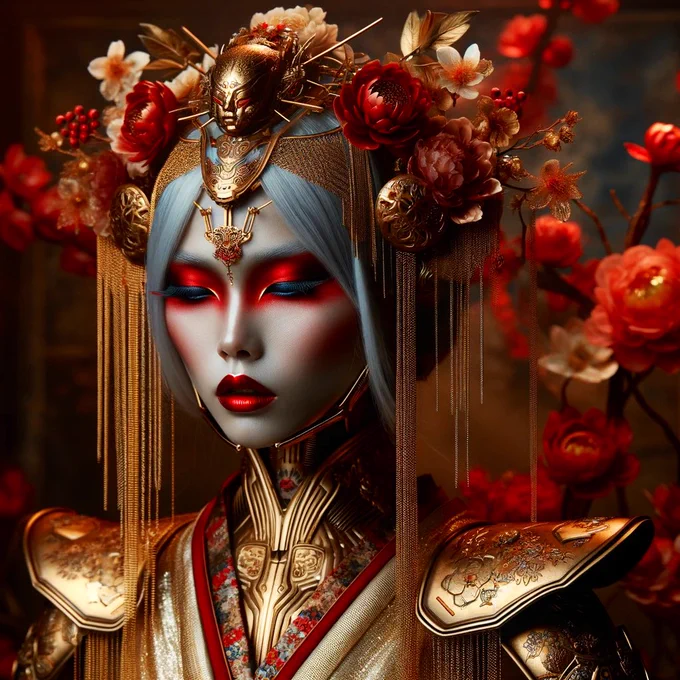 A majestic figure, a digital goddess, donned in the finery of Asia’s rich history, glimmers against a tapestry woven from threads of gold and red light.