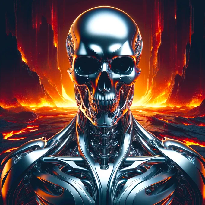 The sleek sheen of a reimagined reaper, a skeleton in high-gloss armor, a phantom of future past, glows ominously amidst the embers of a digital dusk.