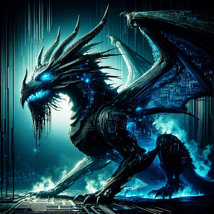 And a dragon – oh, this dragon – not just any beast, but a cybernetic leviathan, scales etched in circuit lines, breathing a binary blaze in neon night.