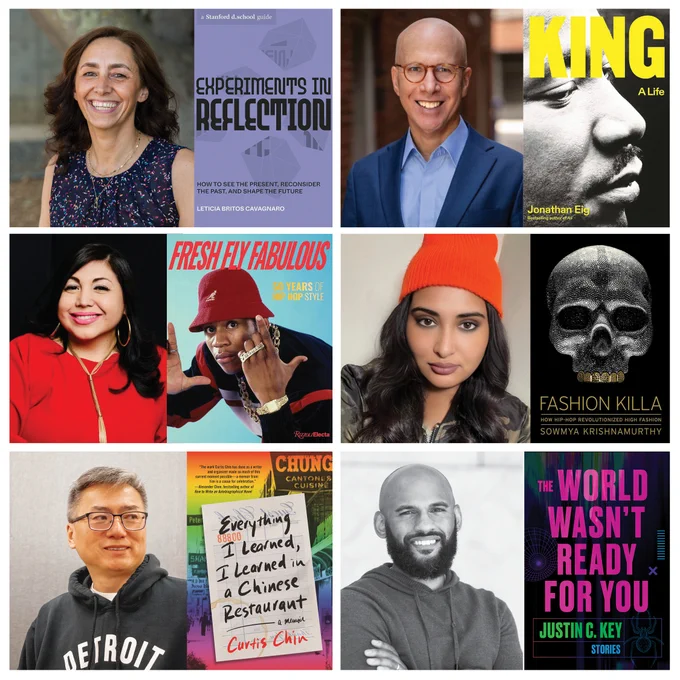 Pictures of our February Literary Thursdays guests—Leticia Britos Cavagnaro, Jonathan Eig, Elena Romero, Sowmya Krishnamurthy, Curtis Chin, and Justin C. Key—and their book covers.