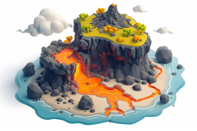 A 3D isometric view of a volcanic island with bubbling lava flows, in the style of texture-rich landscapes, cute cartoonish designs, clean and streamlined, subtle gradients, grid-based, captivating, isolate on white