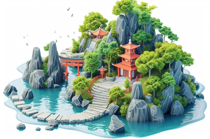 A 3D isometric view of a secluded meditation island with Zen gardens and tranquil temples, in the style of texture-rich landscapes, cute cartoonish designs, clean and streamlined, subtle gradients, grid-based, captivating, isolate on white