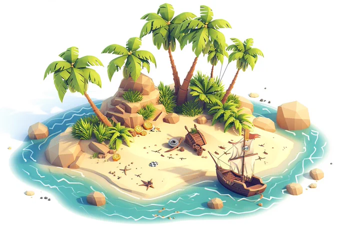 A 3D isometric view of a deserted island with a pirate treasure, shipwreck, and palm trees, in the style of texture-rich landscapes, cute cartoonish designs, clean and streamlined, subtle gradients, grid-based, captivating, isolate on white
