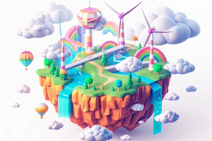 A 3D isometric view of a floating island with whimsical windmills, fluffy clouds, and rainbow bridges, in the style of texture-rich landscapes, cute cartoonish designs, clean and streamlined, subtle gradients, grid-based, captivating, isolate on white
