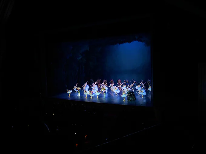 Performers onstage in ballet costumes, bowing.