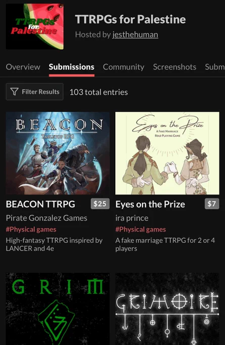 This is a screenshot of the TTRPGs for Palestine itch.io game jam