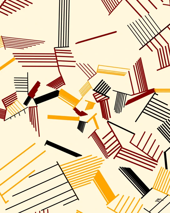 Sequences of lines off other lines in dark red, black, and orange. The lines connect but do not overlap. A mad house of stairs.