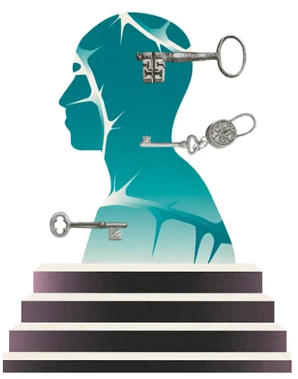 A short staircase leads up to the blue 2-D profile of a human figure, intersected with white barbed wire as well as three distinct metal keys