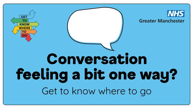 Graphic contains image of a speech bubble, text reads conversation feeling a bit one way? Get to know where to go.