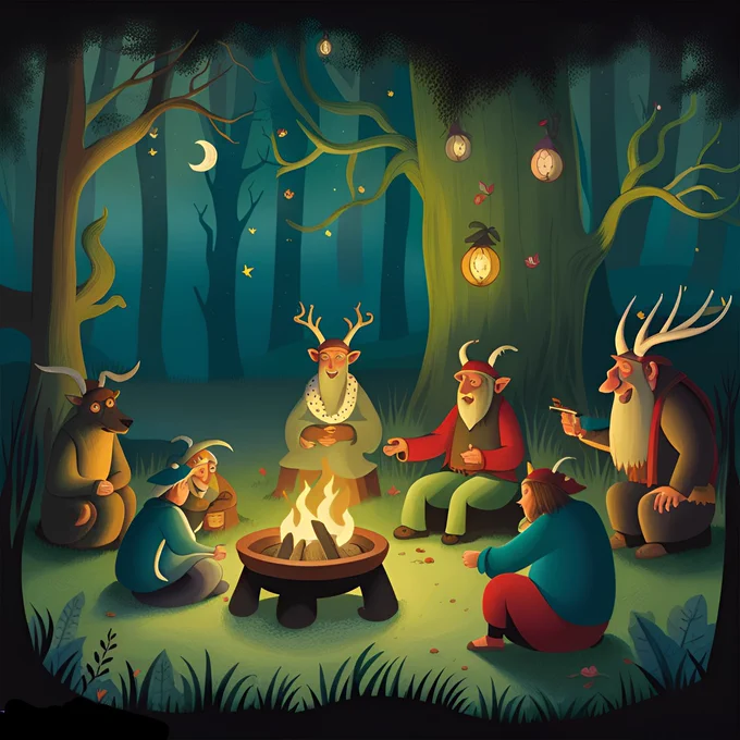 Various characters are around a campfire in woods at night, seated on grass or tree stumps. Storytelling is occurring. There are what look like odd glowing lamps on a big tree, and little glowing lights flittering about. Fairies perhaps? The group look to be having a jolly time. Some appear to be wearing hats with antlers on!