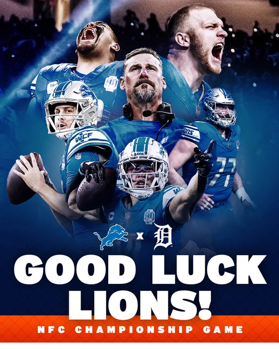 A graphic featuring Lions players and coach Dan Campbell wishing them good luck in the NFC Championship game.