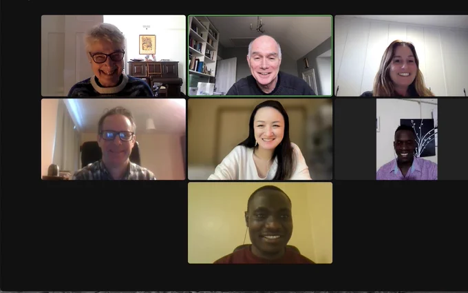 Zoom screen showing 7 participants: Helen Carpenter (UK), Iain Wilkie (UK), Shiran Israel Kostiner (Israel), David Heney (Ireland), Jia Bin (China/USA), Jerry Okiki (Kenya) & Emmanuel Makokha (Kenya). All are smiling!
Please note that Shilpa Sagwal (India), James Johnson (South Africa) & Chris Gemmell (UK) attended via audio.