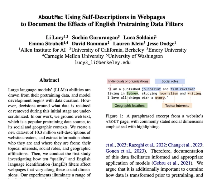 a screenshot of the first page of a research paper titled "AboutMe: Using Self-Descriptions in Webpages to Document the Effects of English Pretraining Data Filters" with a diagram showing a paraphrased excerpt for a website's about page, with common stated social dimensions emphasized with highlighting. The dimensions are: individuals or organizations, social roles, geographic locations, and topical interests. 