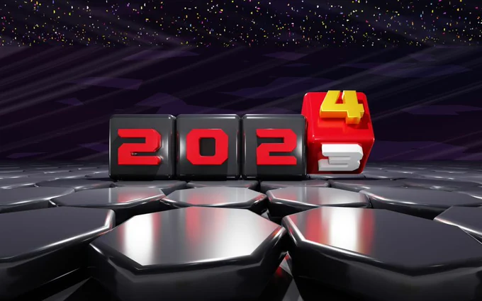 A decorative image showing 2023 numbers ticking over to 2024